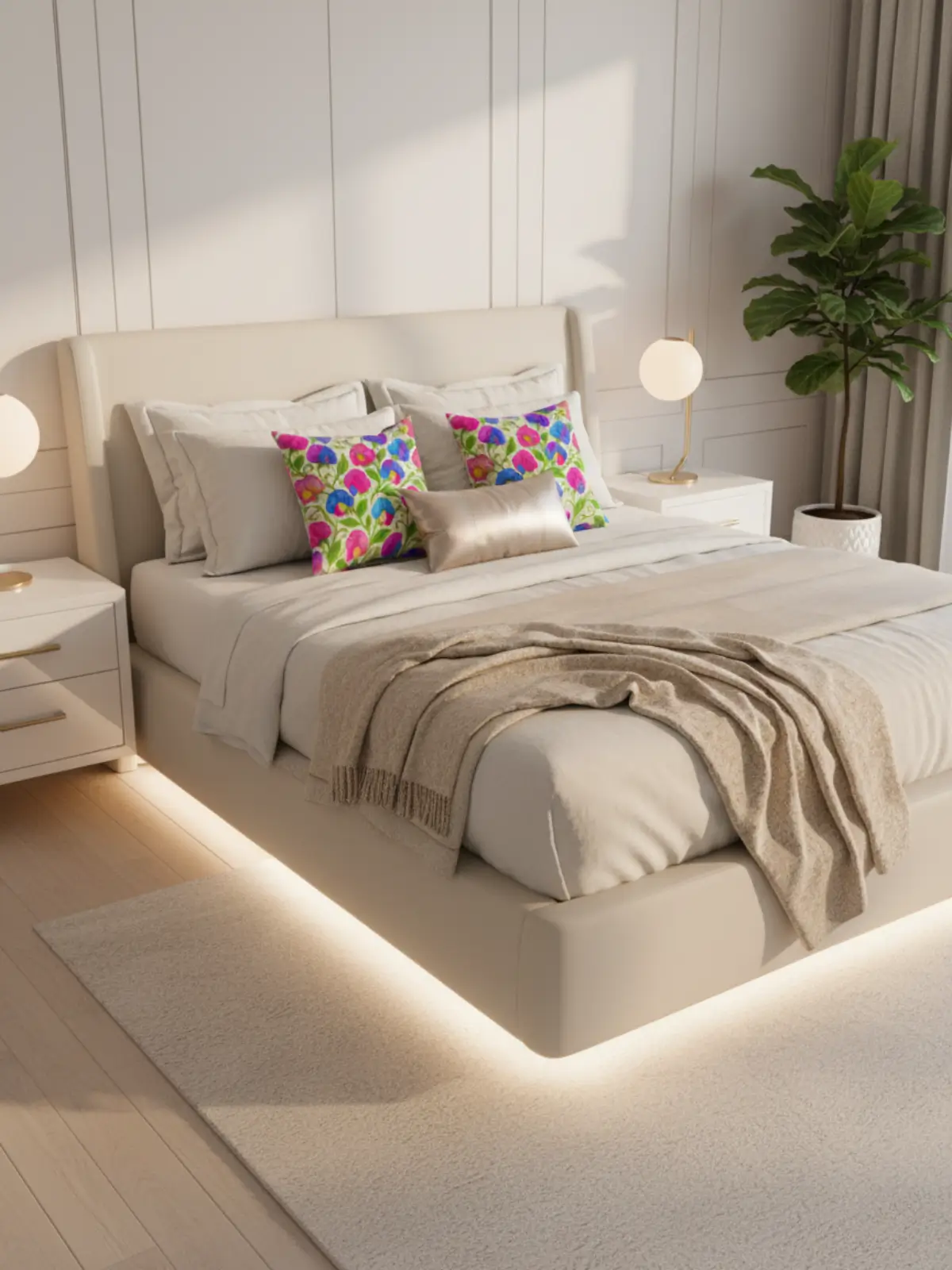King size floating bed in modern glam style featuring a curved cream headboard, under-glow LED lighting, layered luxury bedding, and the attached decorative pillow used exactly as provided