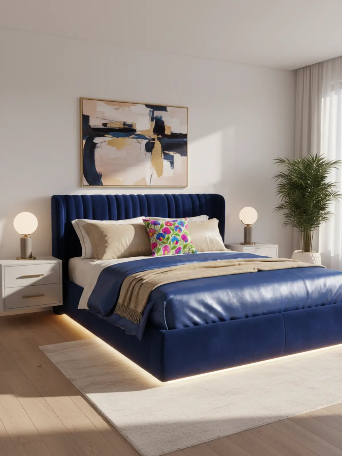 King size curved floating bed in modern glam style featuring a deep jewel-toned velvet headboard, LED under-glow, layered luxury bedding, and the attached decorative pillow used exactly as provided