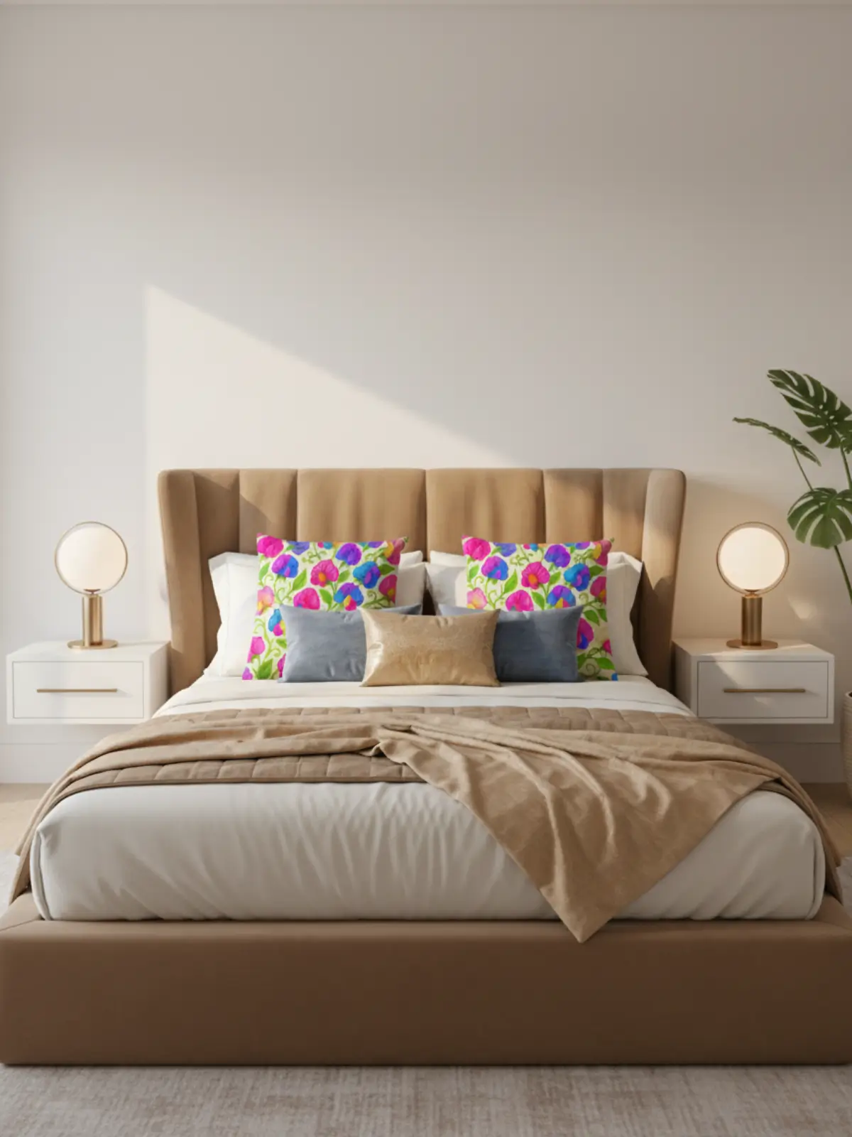 King size curved bed in modern glam style featuring a plush flared headboard, layered luxury bedding, and the included decorative cushion used twice in a balanced, high-end arrangement