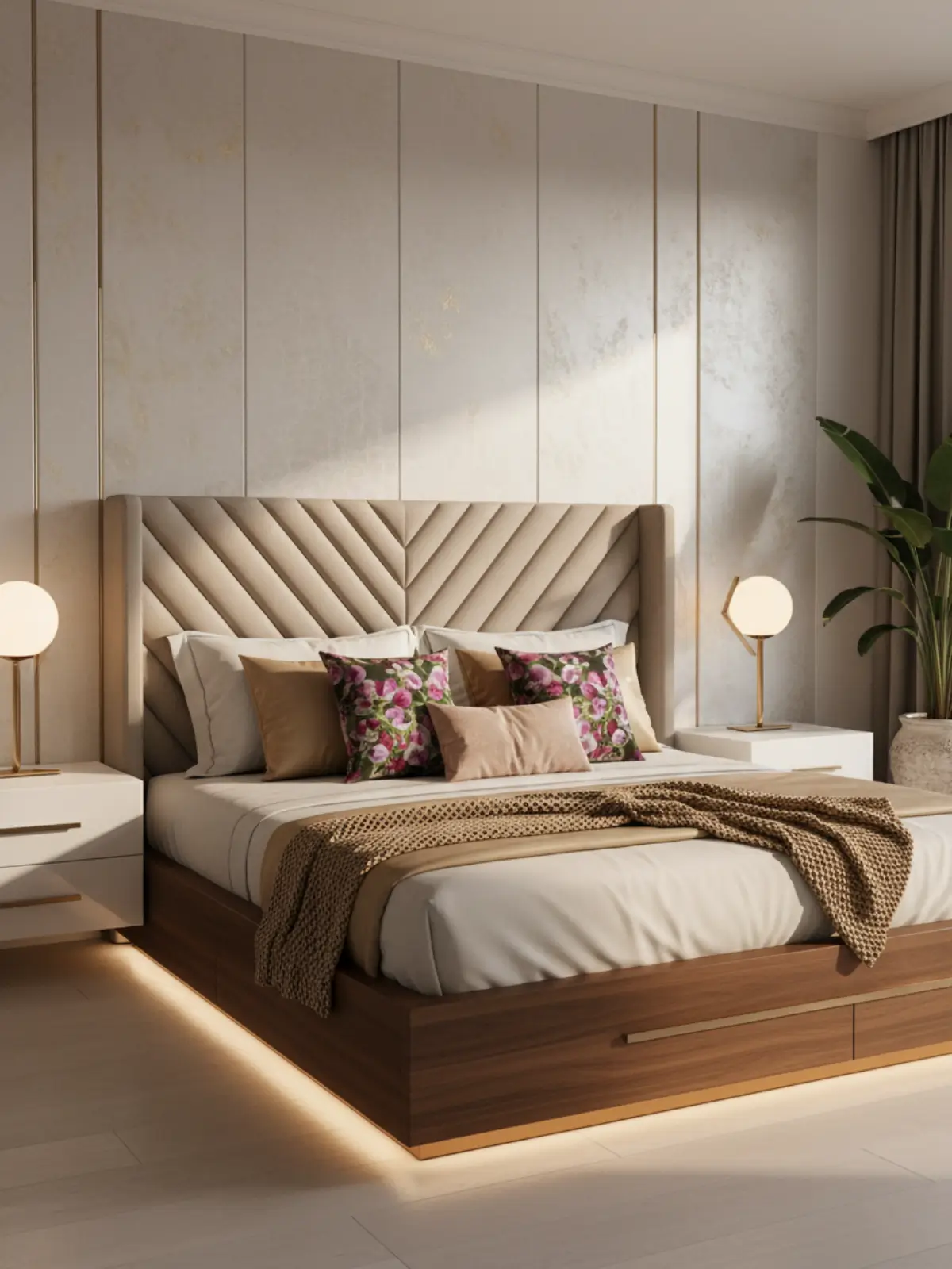 King size platform bed in modern glam style featuring a newly designed low-profile extended platform base, a tall upholstered headboard with metallic trim, layered luxury bedding, and the included decorative cushion used once or twice in a professional, high-end arrangement