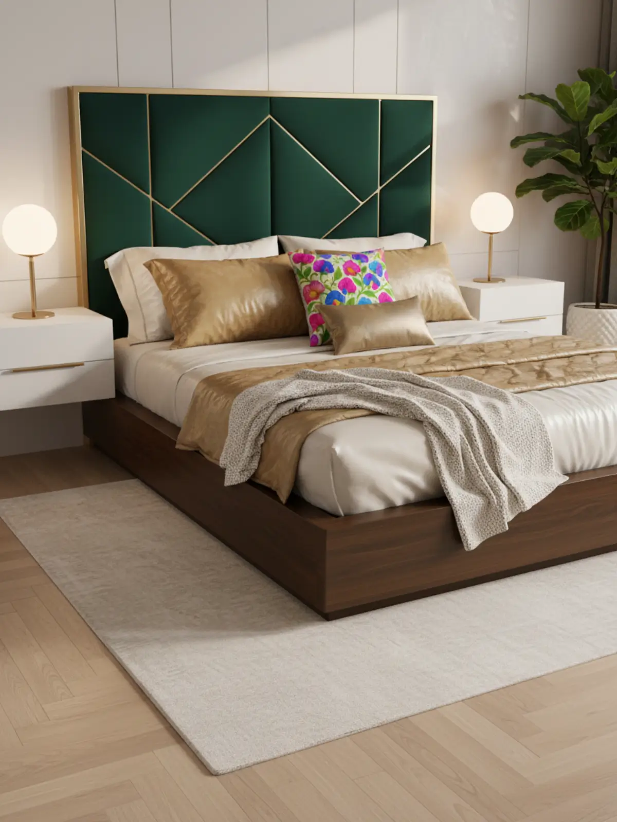 King size platform bed in modern glam style featuring a sleek extended base, tall upholstered headboard, layered luxury bedding, and the included decorative cushion used professionally in a refined arrangement