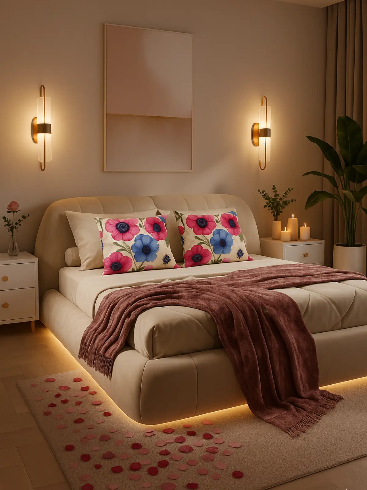 King size bubble bed in modern glam style featuring plush rounded upholstery, layered luxury bedding, a romantic and safe atmosphere, and the included decorative pillow used once or twice in an elegant, high-end arrangement