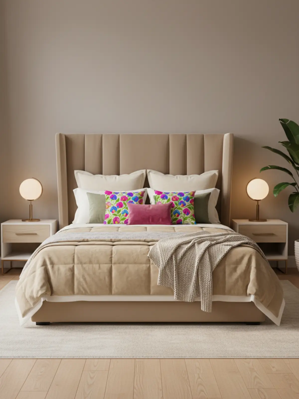 King size upholstered luxury bed in modern glam style featuring a tall tufted headboard, layered luxury bedding, and the included decorative pillow used once or twice in a sophisticated arrangement