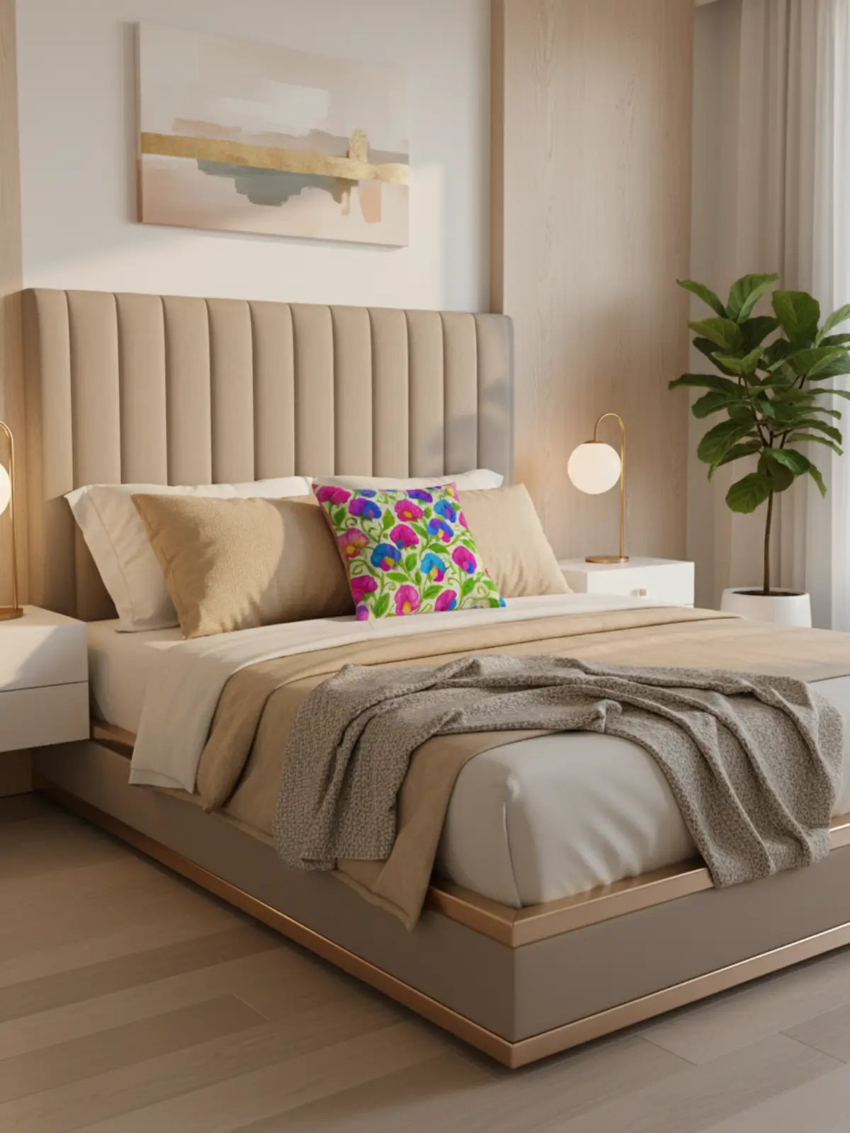 King size low-profile Scandinavian-inspired bed in modern glam style featuring minimalist design, layered luxury bedding, and the included decorative pillow used once or twice in a sophisticated arrangement