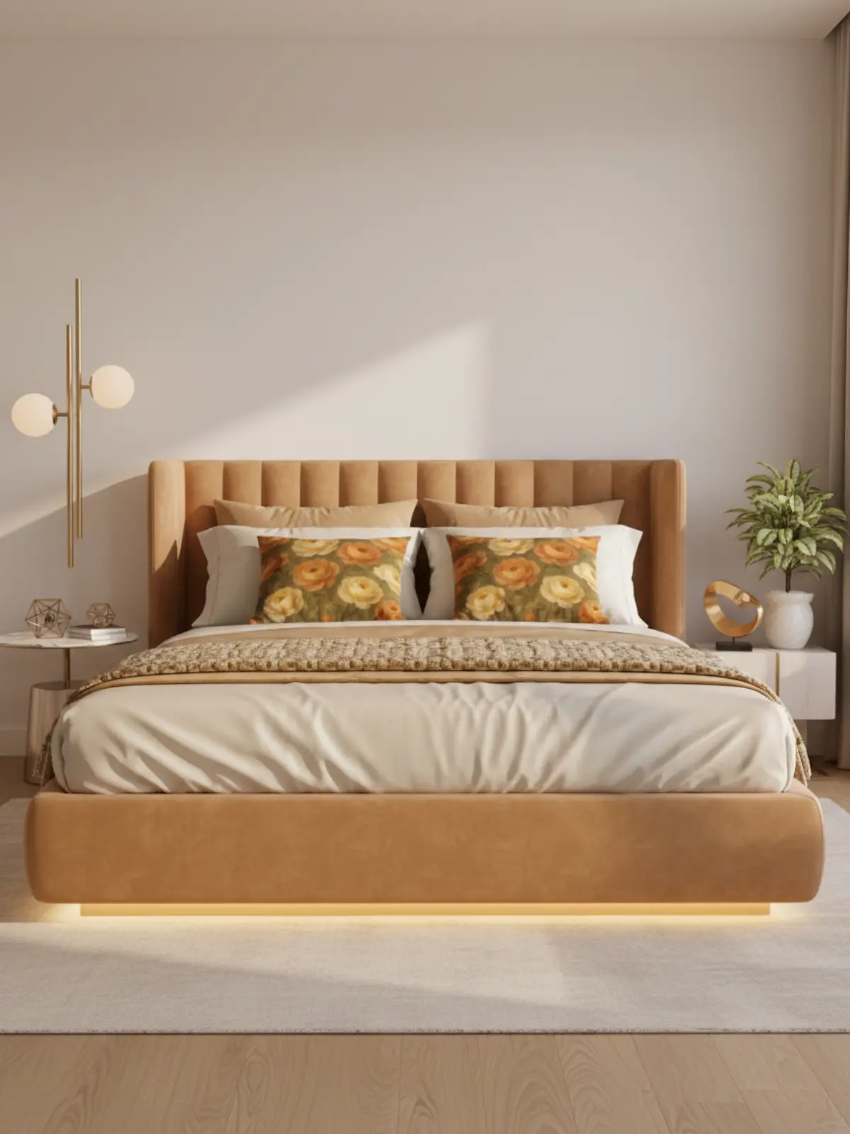King size floating bed in modern glam style featuring a gently curved platform, angled caramel velvet headboard, layered luxury bedding, and the included decorative pillow used twice in a professional, high-end arrangement with fresh accessories