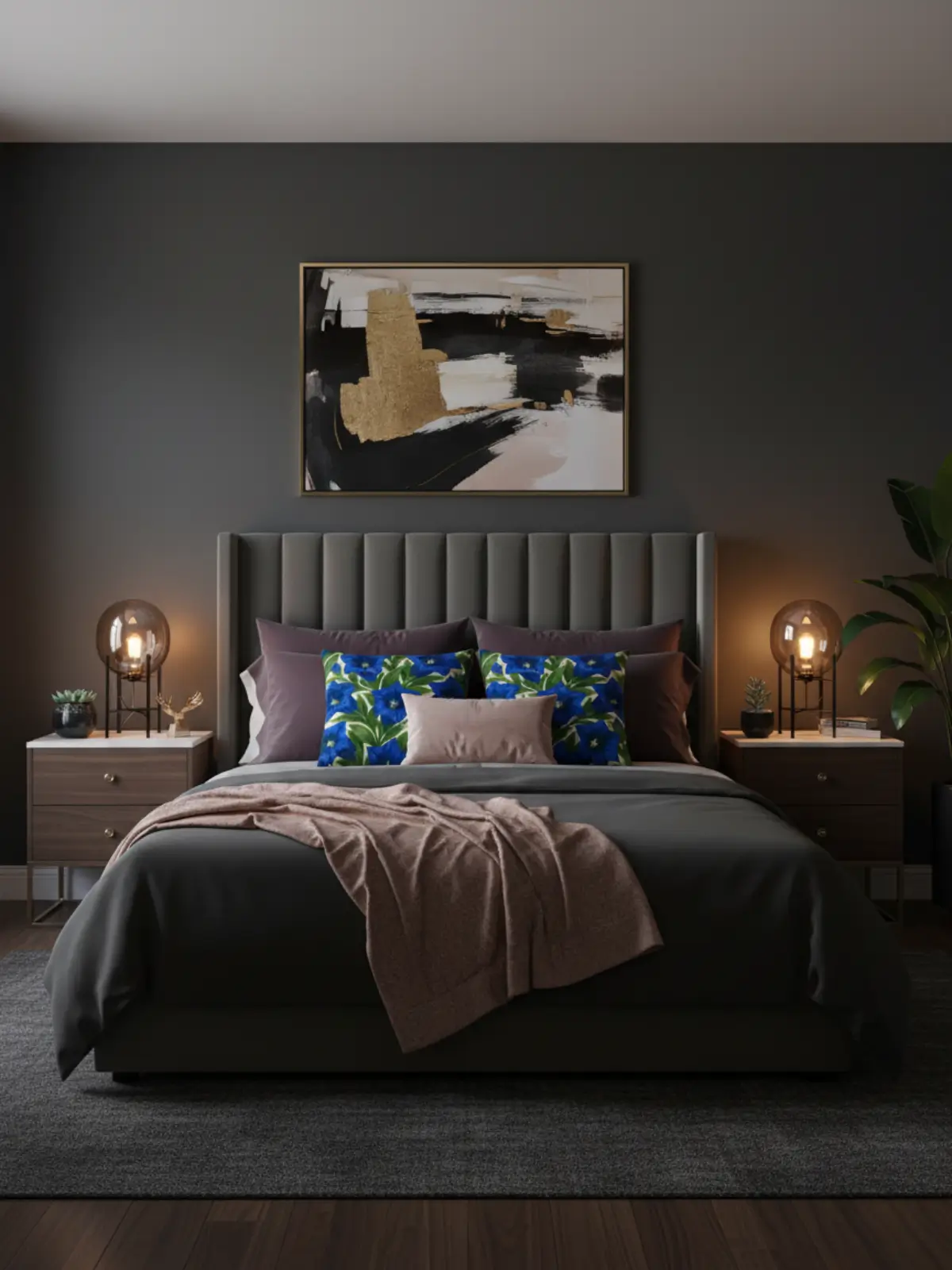 King size bed in modern glam style featuring deep charcoal tones, brushed champagne-gold accents, and elegant layered pillows in a luxurious contemporary bedroom