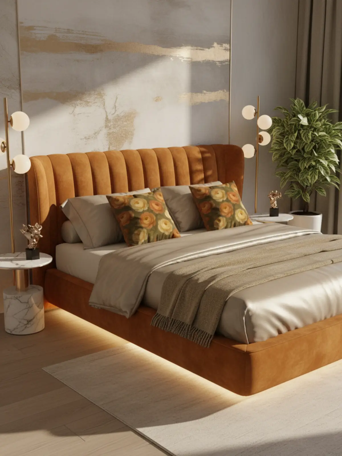 King size floating bed in modern glam style featuring a sculptural caramel velvet tufted headboard, layered luxury bedding, and the included decorative pillow used twice in a professional arrangement with new accessories
