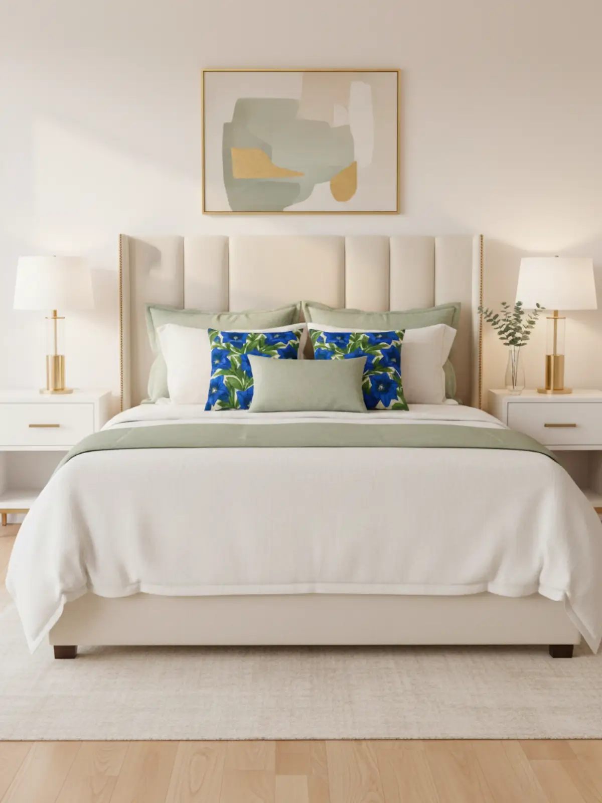 King size bed in modern glam style featuring deep charcoal tones, brushed champagne-gold accents, and elegant layered pillows in a luxurious contemporary bedroom