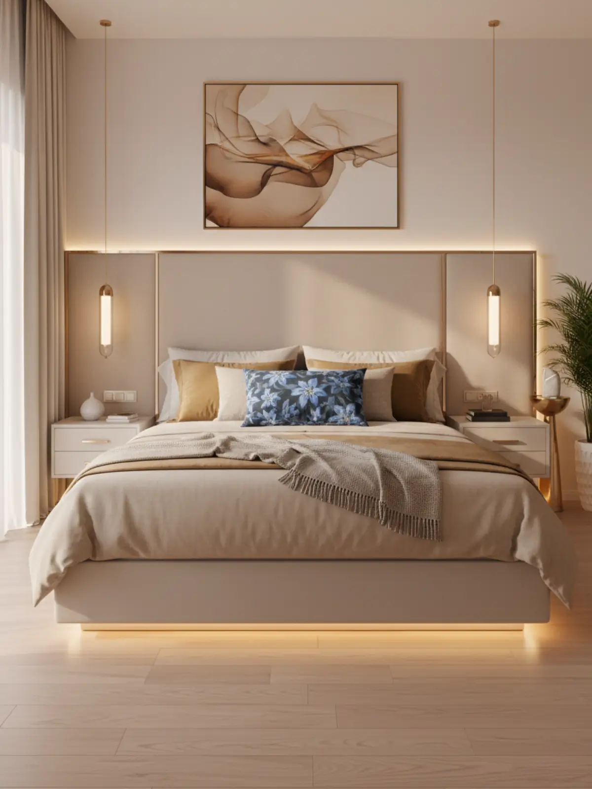 King size floating bed in modern glam style featuring a suede panel headboard with gold framing, warm neutral bedding, LED underglow lighting, and luxurious contemporary decor