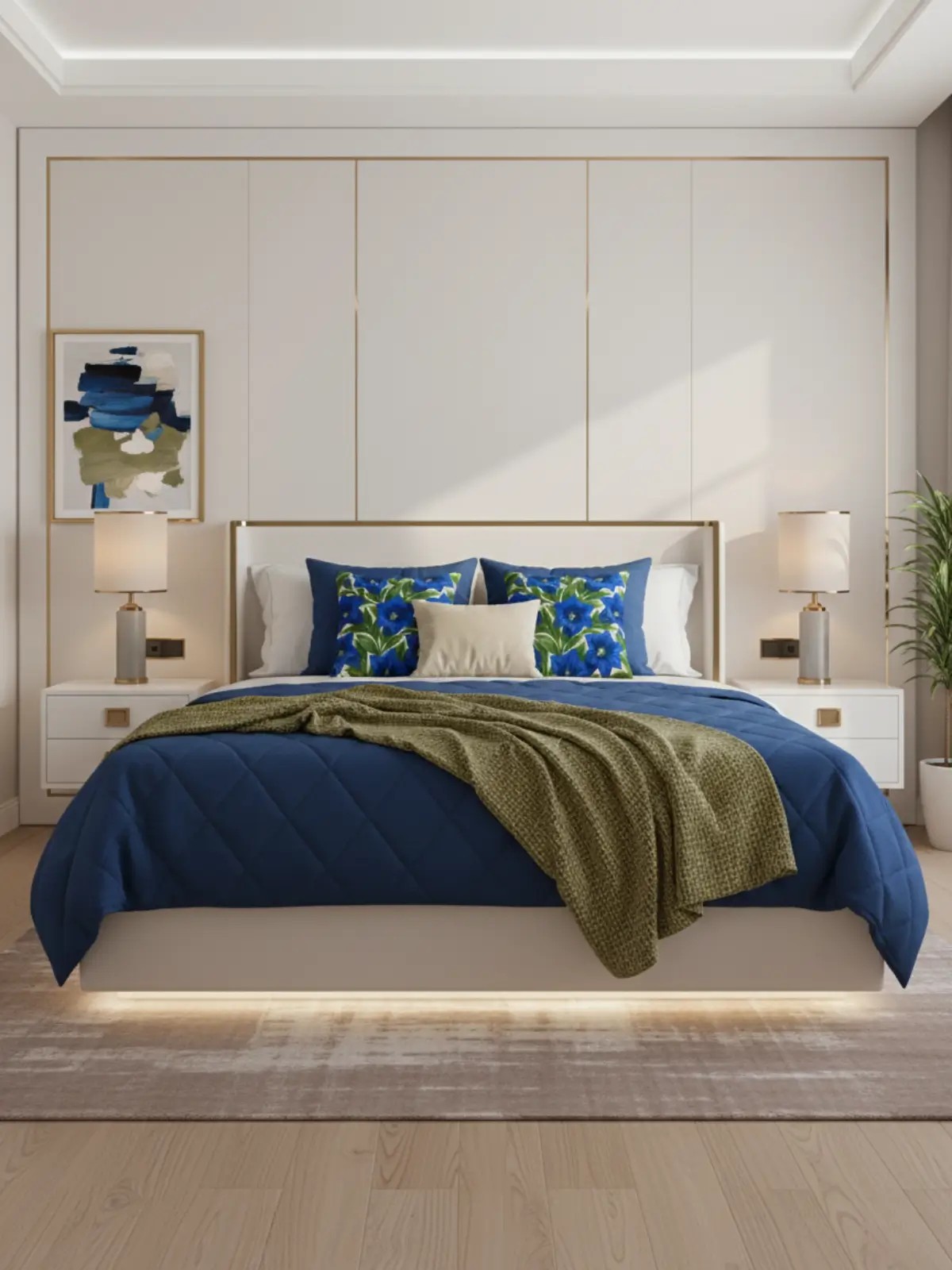 King size floating bed in modern glam style featuring a matte ivory headboard with gold edging, deep royal blue bedding, olive-green accents, and luxurious contemporary décor