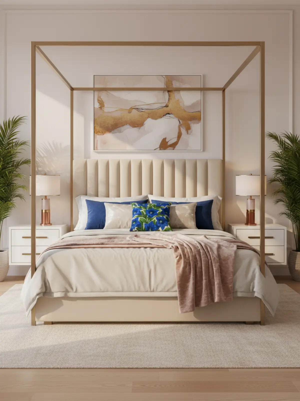 King size canopy bed in modern glam style featuring a sleek matte gold frame, tufted velvet headboard, layered neutral bedding, and luxurious contemporary décor