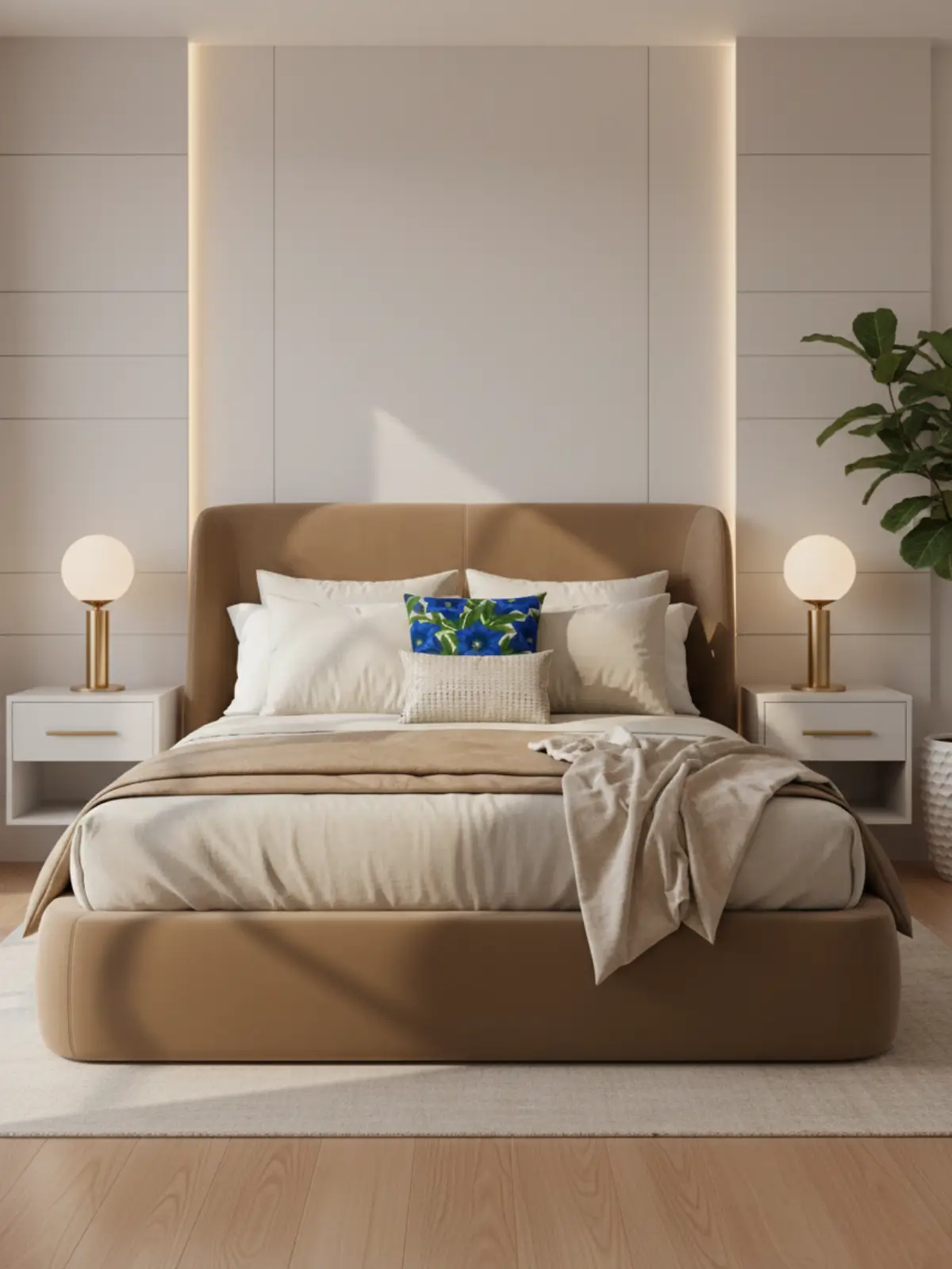 King size curved bed in modern glam style featuring a plush velvet headboard, layered luxury bedding, included cushion displayed naturally, and elegant contemporary décor