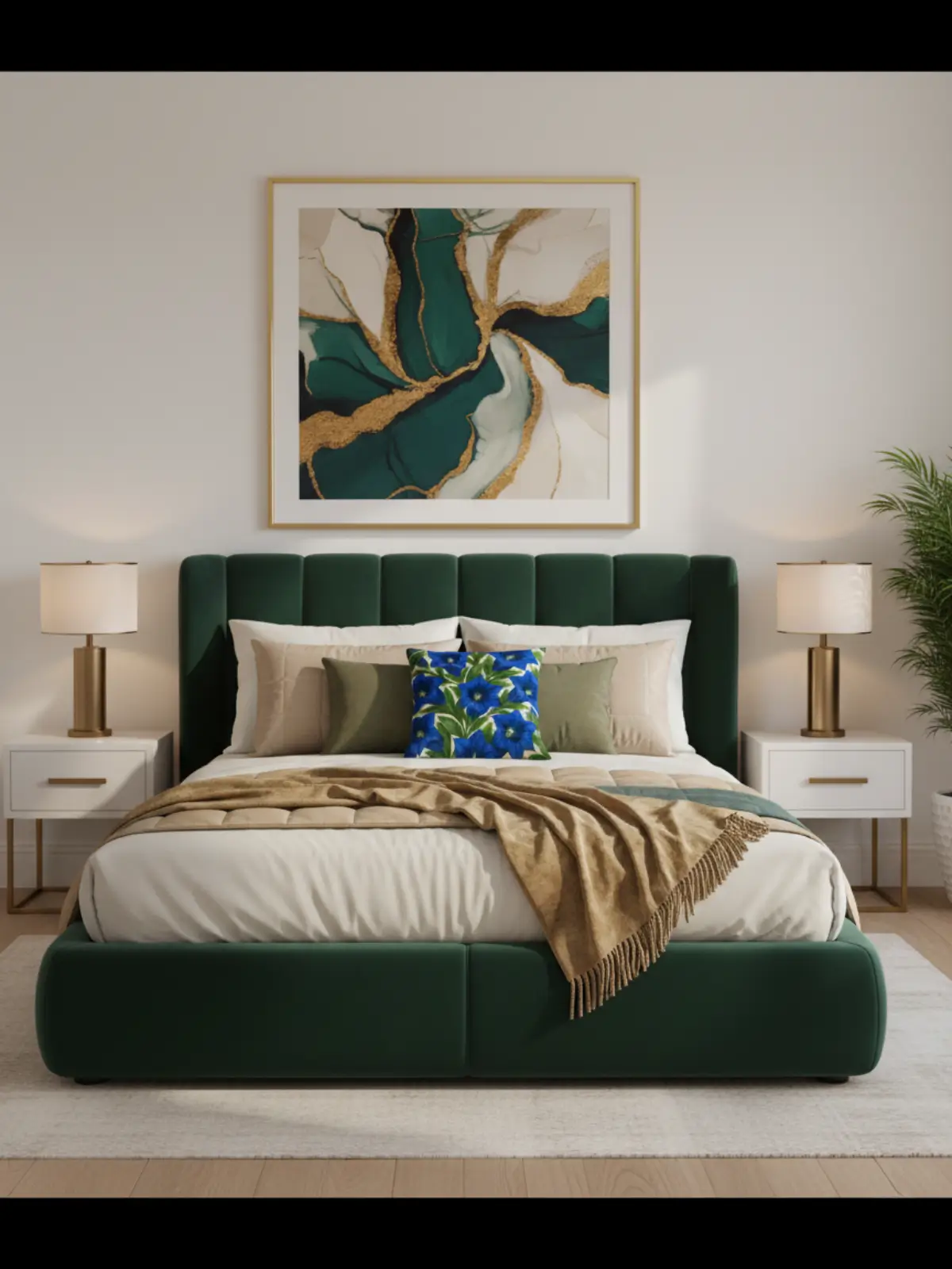 King size curved bed in modern glam style featuring deep emerald velvet upholstery, layered luxury bedding, included cushion displayed naturally, and elegant contemporary décor
