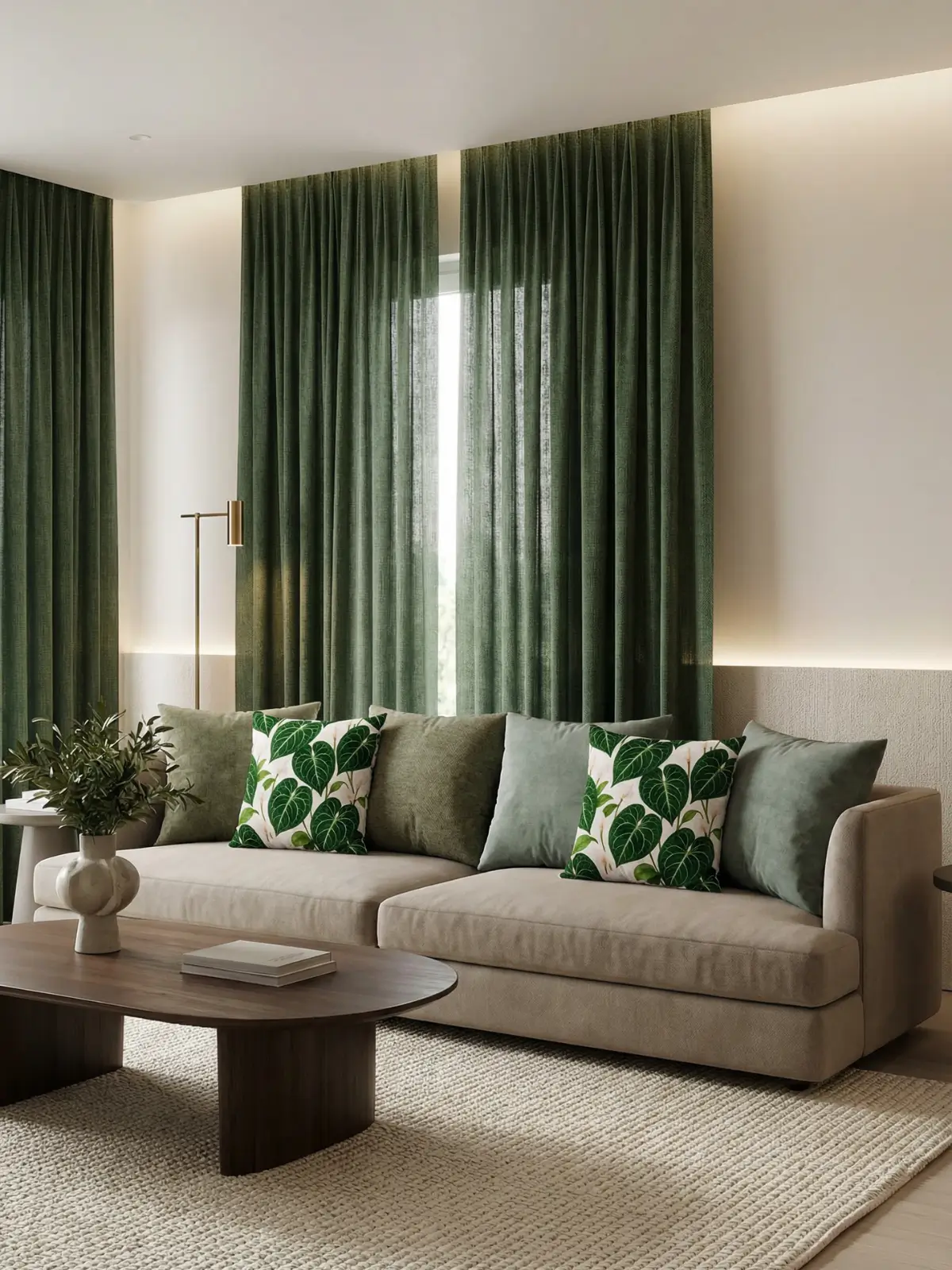 Luxury modern living room with forest green curtains, beige sofa, and two anthurium crystallinum floral pillows