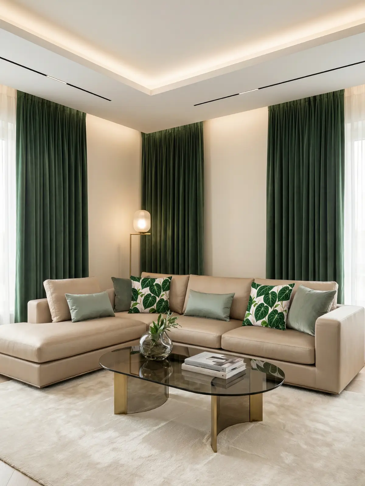 Modern luxe living room with forest green curtains, L-shaped beige sofa, smoked glass coffee table, and double anthurium crystallinum pillows