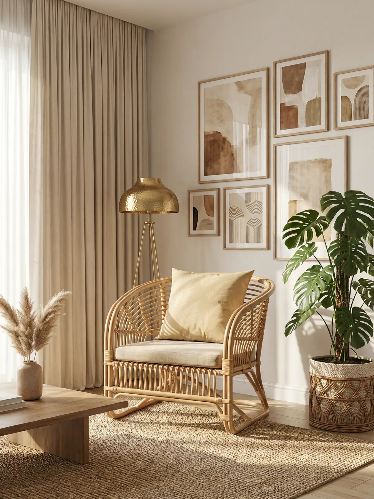 Luxury boho living room with beige curtains and Boho Pampas Grass Pillow on a rattan chair