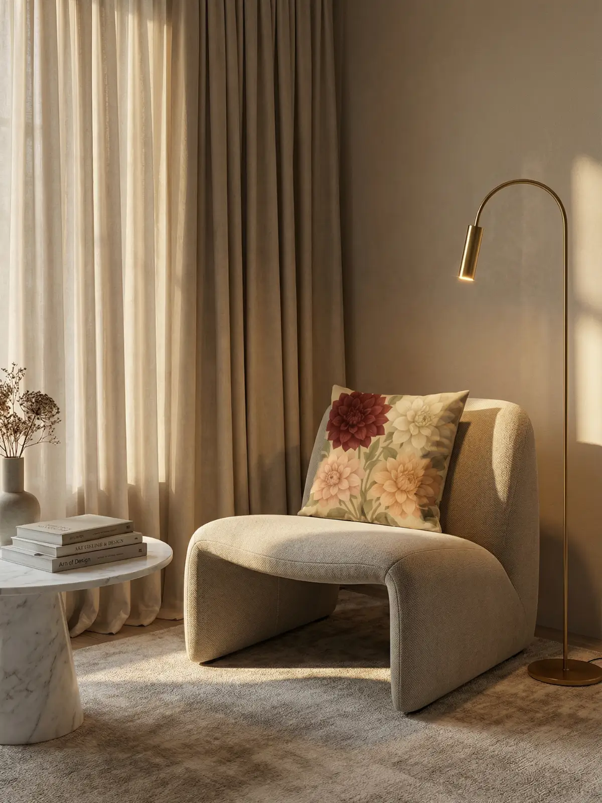 Beige curtains with dahlia vintage luxury pillow in a refined reading lounge