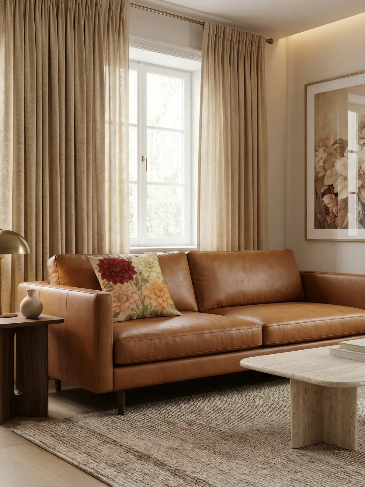 Luxury living room with beige curtains and Dahlia vintage floral pillow on a leather sofa