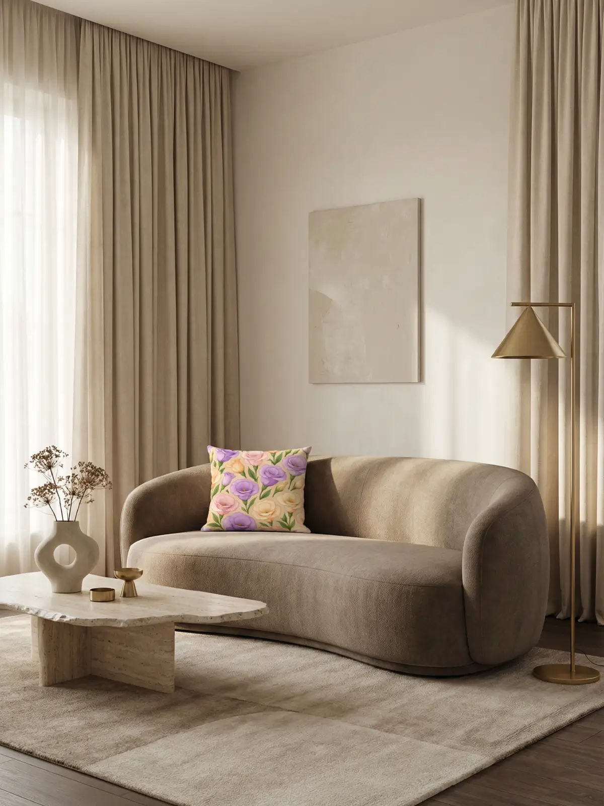 Luxury living room with beige curtains and Eustoma Floral Beige Pillow on a curved leather sofa
