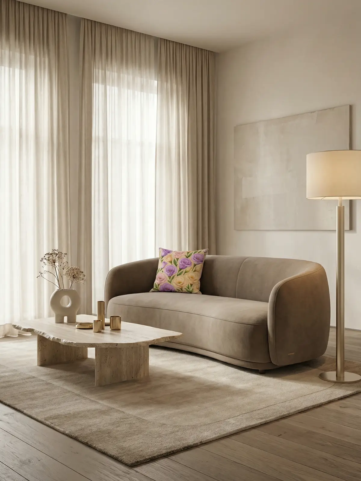 Luxury living room with beige curtains and Eustoma Floral Beige Pillow on a modern linen sofa