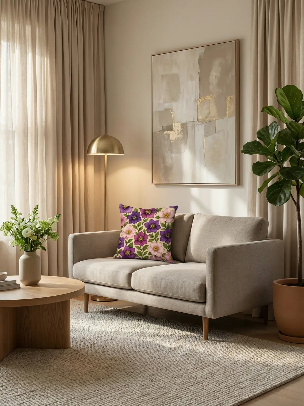 Luxury living room with beige curtains and Hellebore Floral Beige Pillow on a modern linen sofa