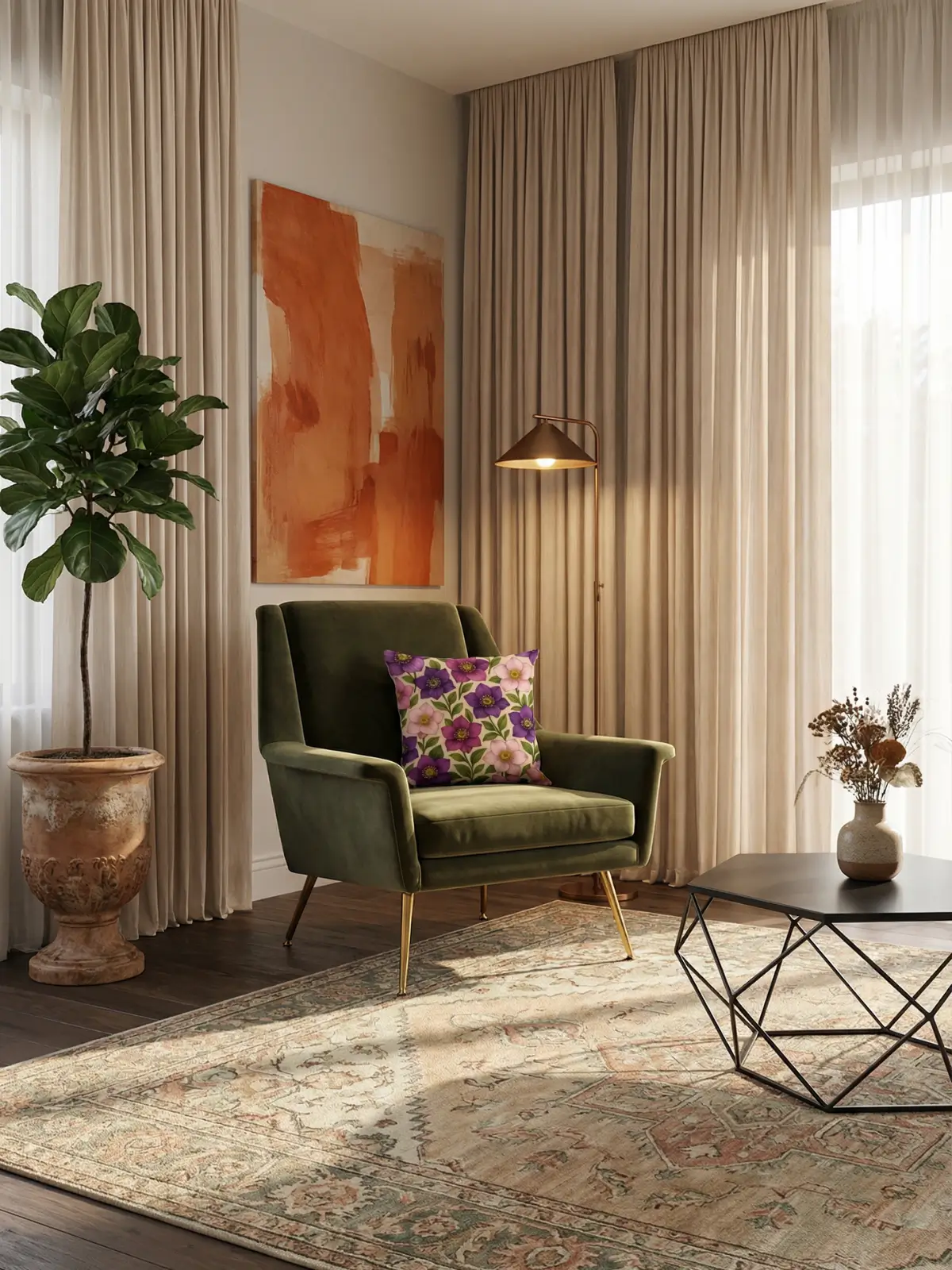 Luxury living room with beige curtains and Hellebore Floral Beige Pillow on an olive green armchair