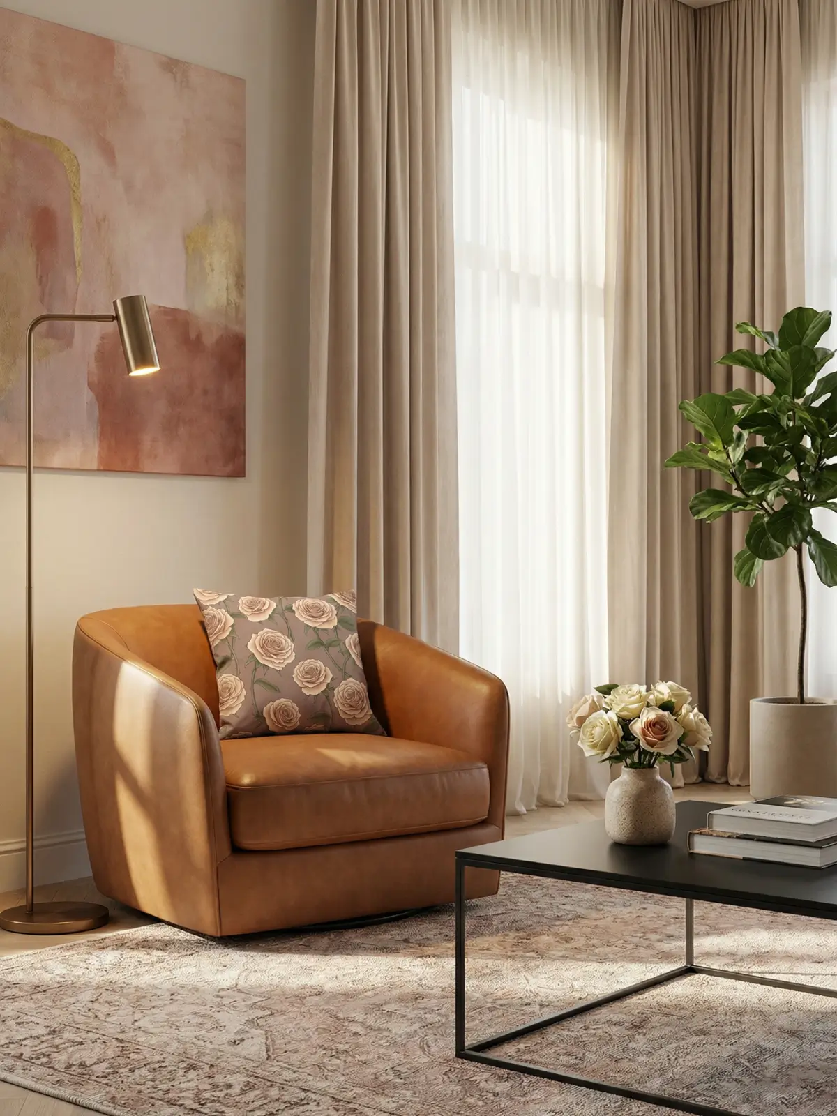 Luxury living room with beige curtains and Modern Quicksand Rose Pillow on a caramel leather armchair