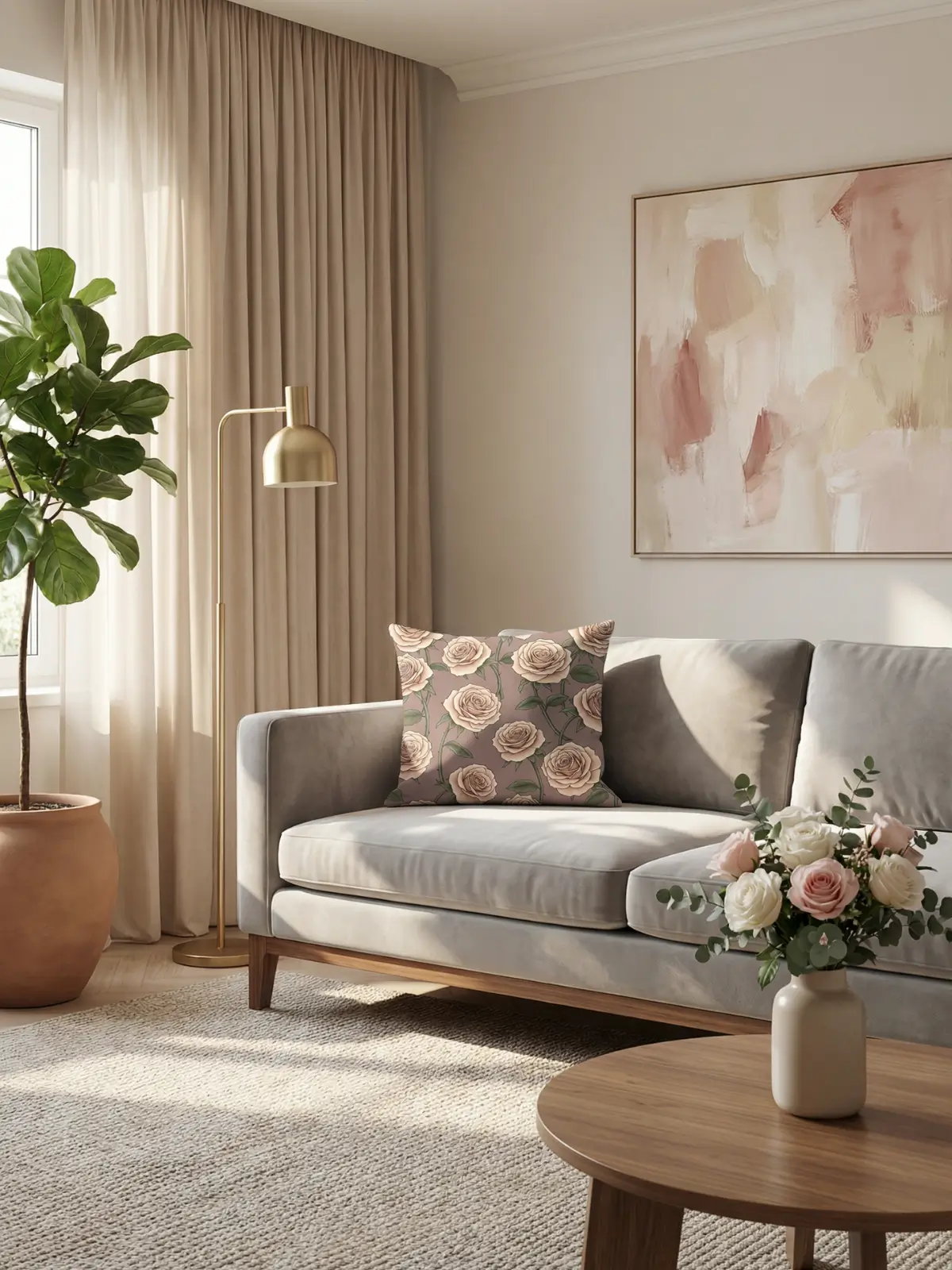 Luxury living room with beige curtains and Modern Quicksand Rose Pillow on a gray velvet sofa