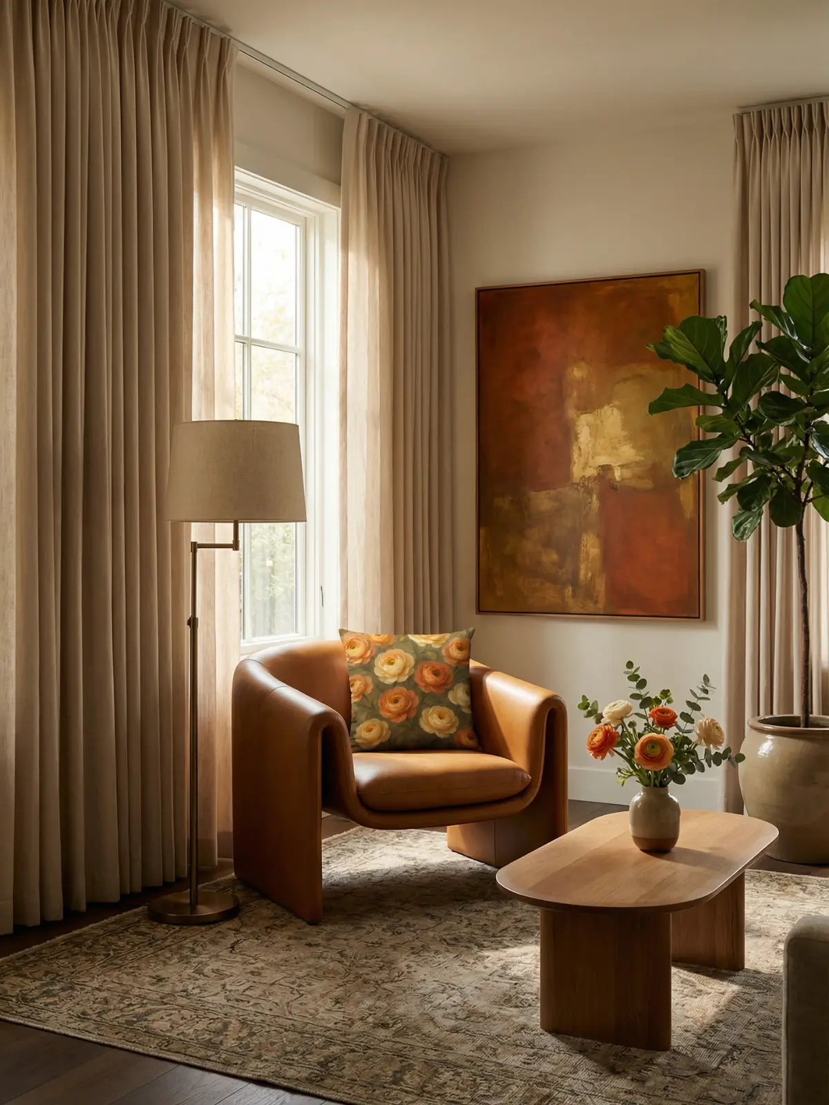 Luxury living room with beige curtains and Ranunculus Abstract Oil Pillow on a caramel leather armchair