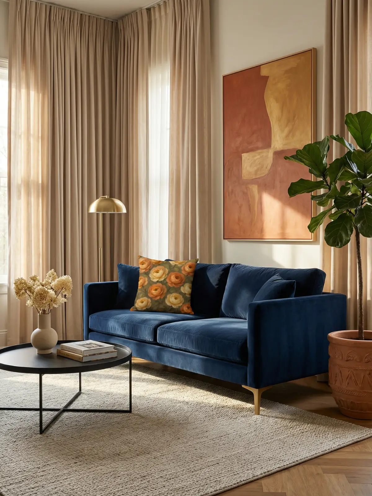 Luxury living room with beige curtains and Ranunculus Abstract Oil Pillow on a navy velvet sofa