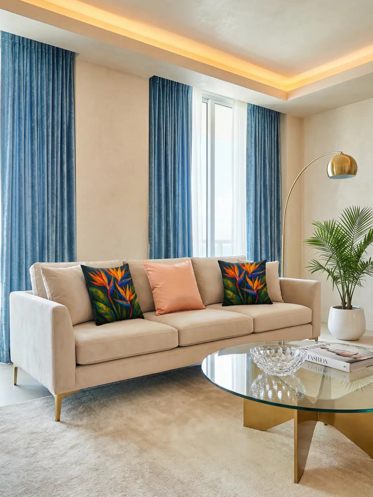 Miami modern glam living room with blue velvet curtains, pearl beige 3-seat sofa, and bird of paradise floral pillows