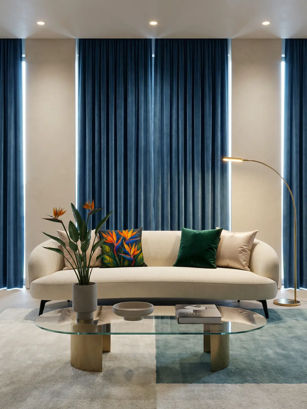 Tropical luxe living room with blue velvet curtains, ivory curved sofa, and bird of paradise impasto pillows