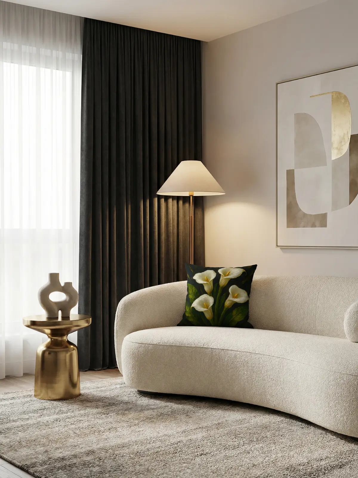 Blackout curtains in a luxurious living room with White Calla Lily Impasto Pillow on a sleek sofa