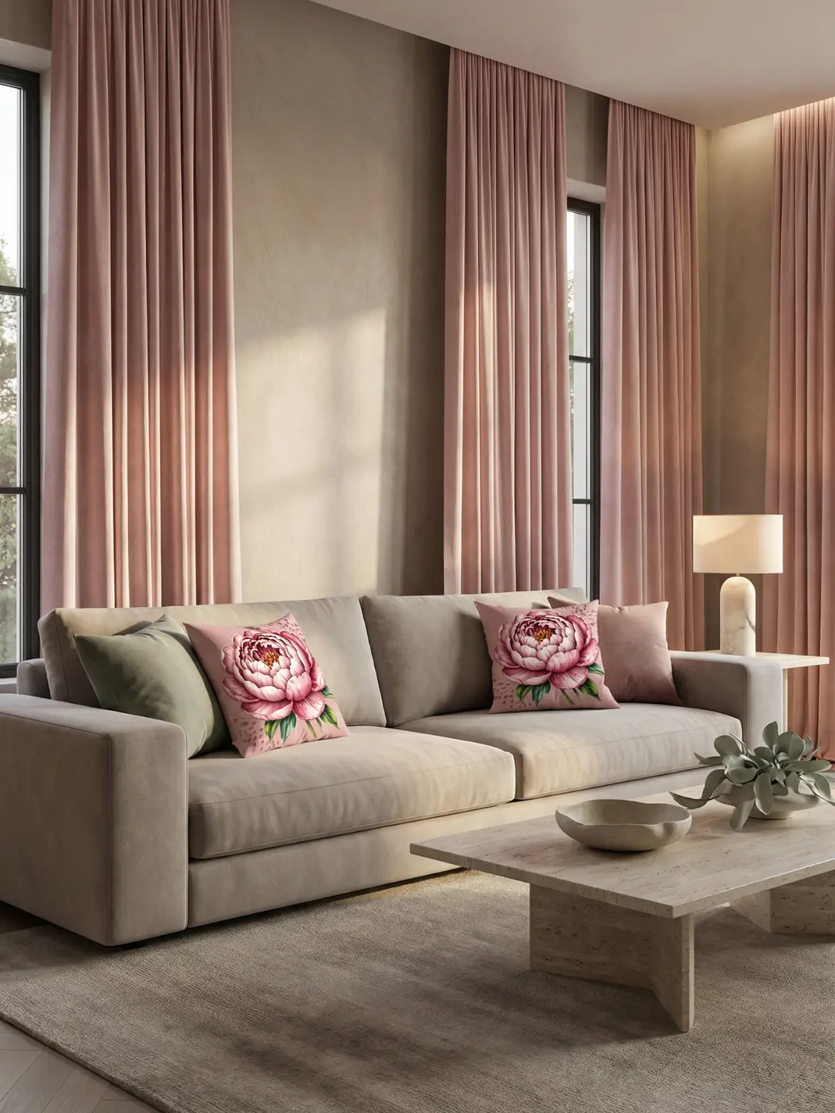 Luxury living room with blush velvet curtains, oversized greige sofa, and two blush peony floral pillows