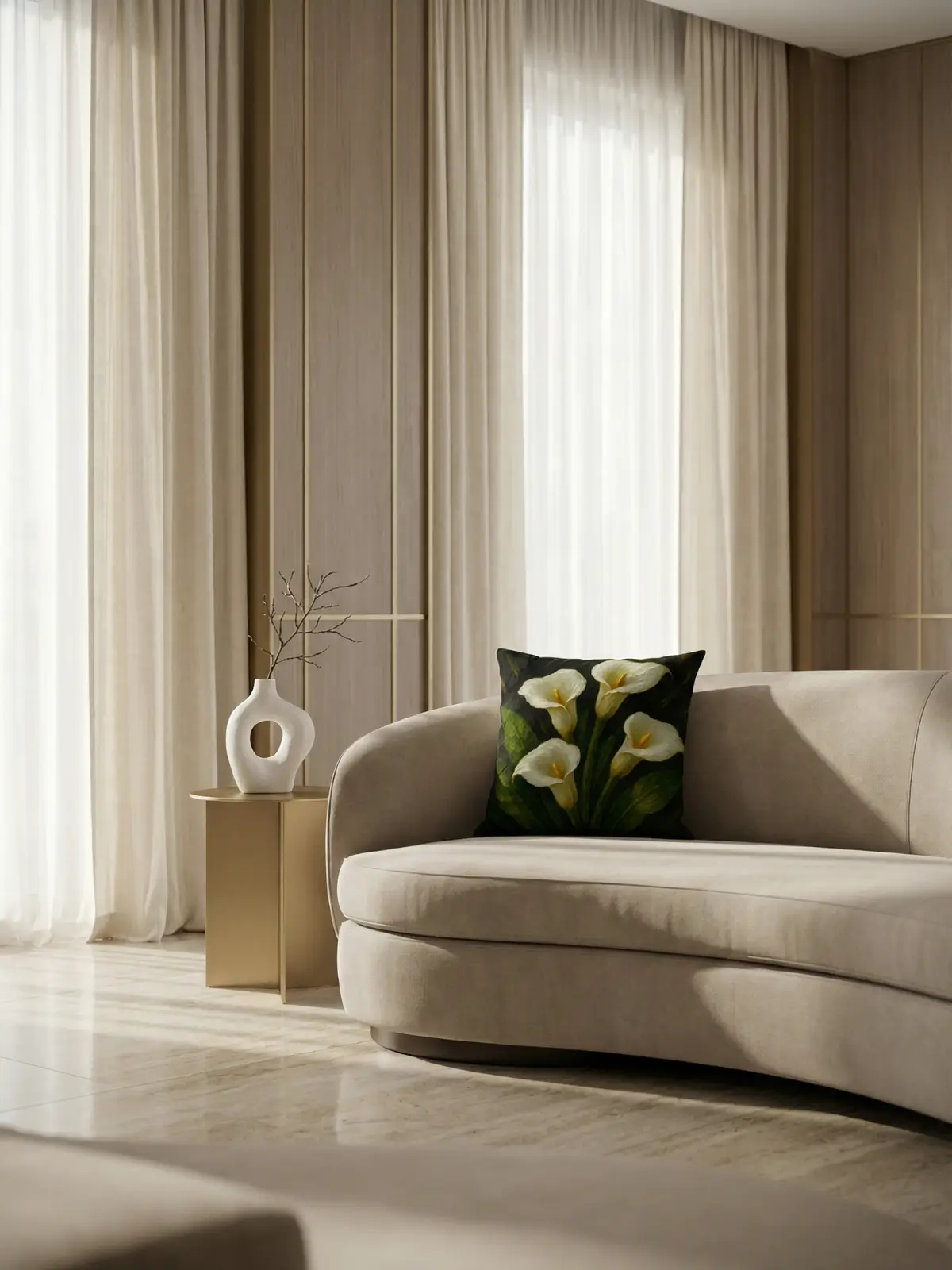 Boho luxe curtains with a designer sofa featuring the White Calla Lily Impasto Pillow in a refined living room