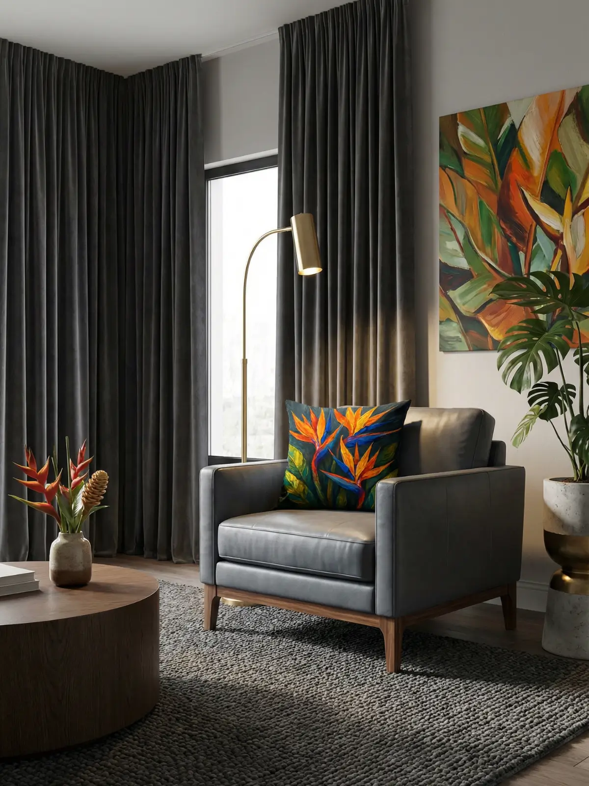 Luxury living room with charcoal gray curtains and Bird of Paradise Impasto Pillow on a slate gray leather armchair