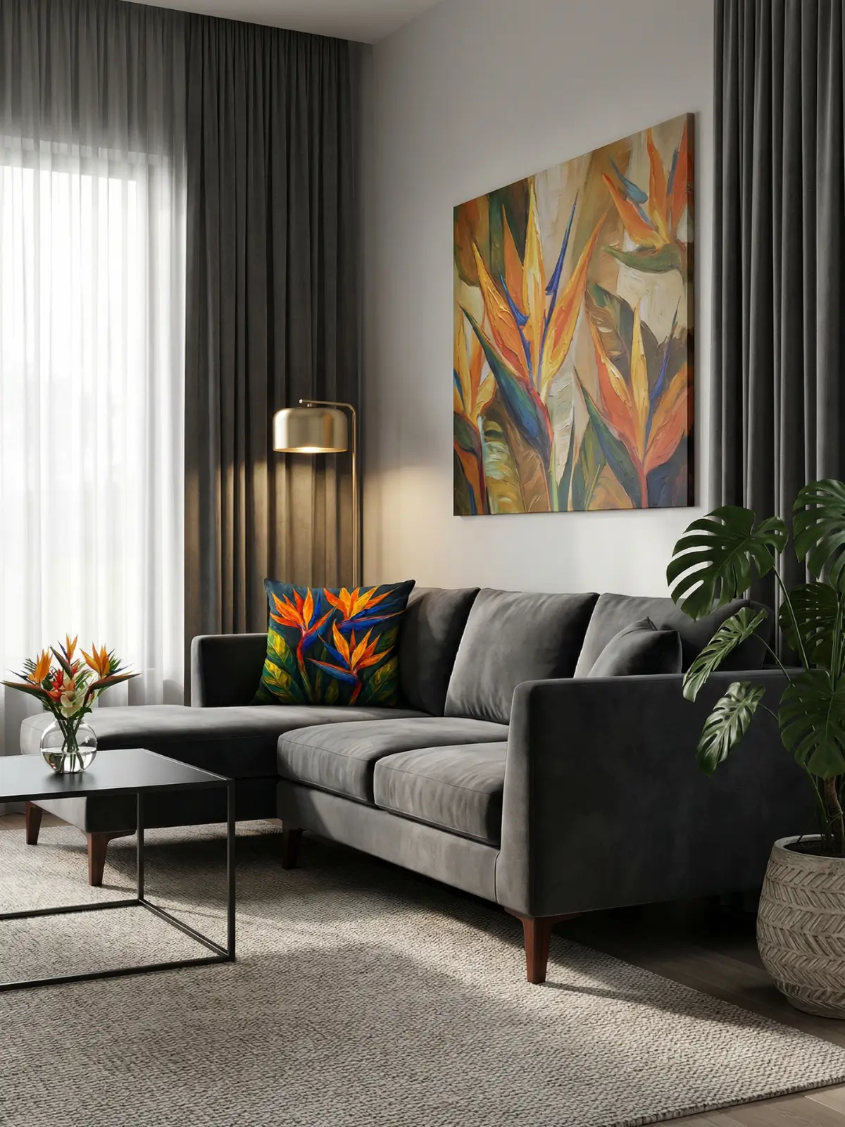 Luxury modern living room with charcoal gray curtains and Bird of Paradise Impasto Pillow on a charcoal velvet sectional sofa