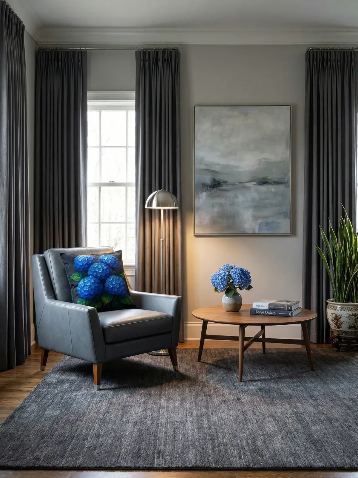 Luxury living room with charcoal gray curtains and Blue Hydrangea Impasto Pillow Charcoal on a slate gray leather armchair