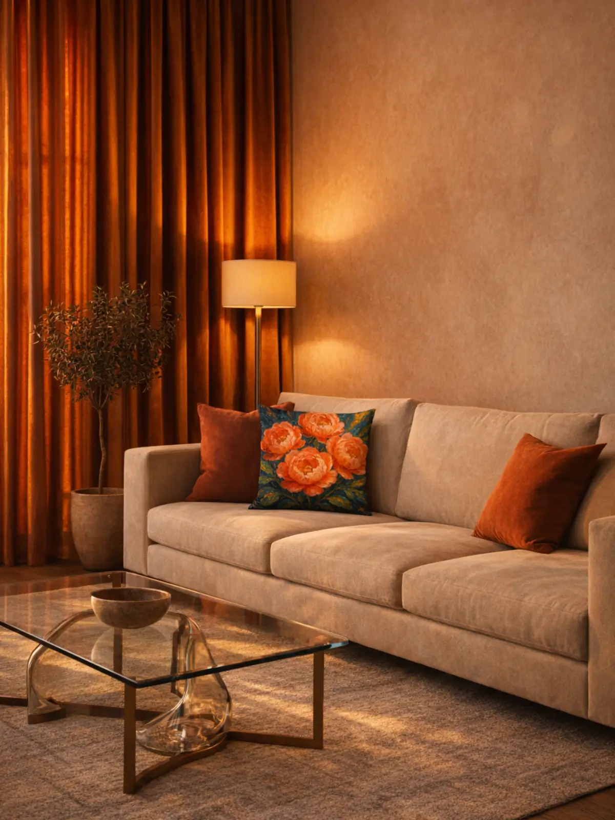 Luxury living room with terracotta curtains, ivory sofa, glass coffee table, and coral peonies floral pillow