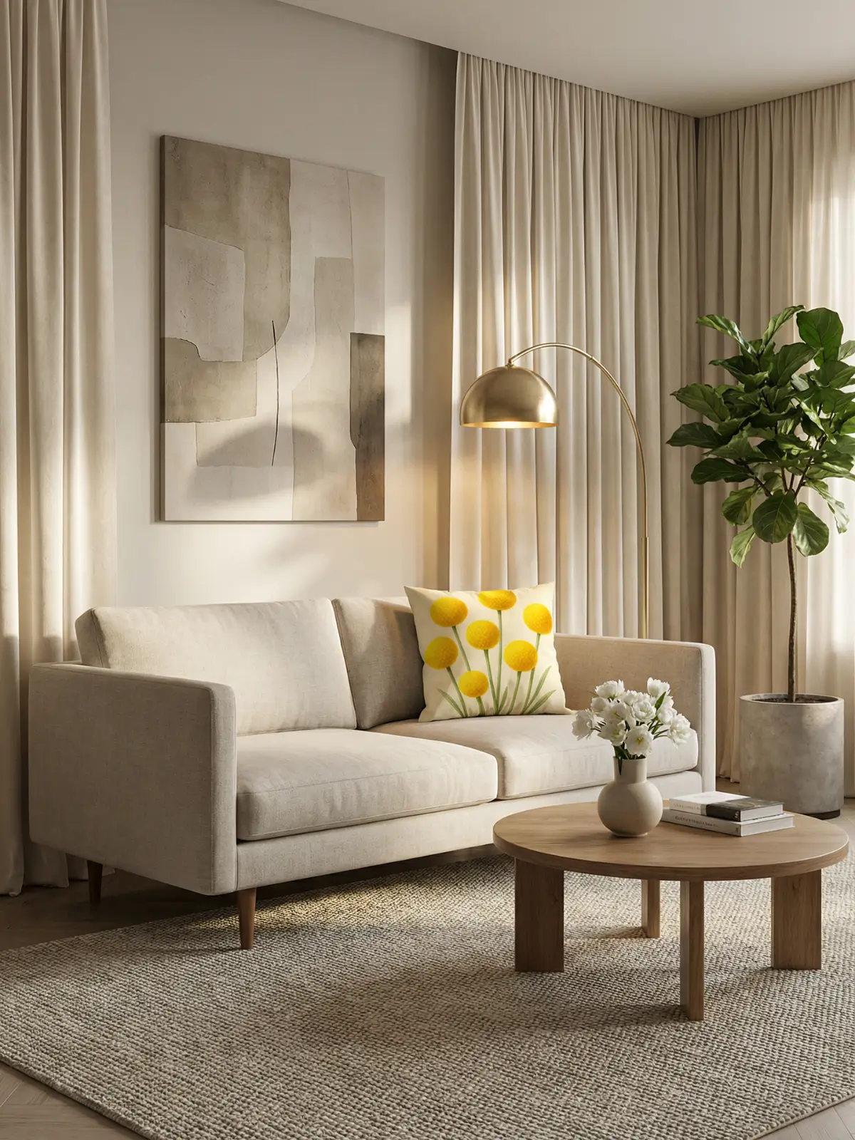 Luxury living room with cream curtains and Billy Buttons watercolor pillow on a modern beige sofa