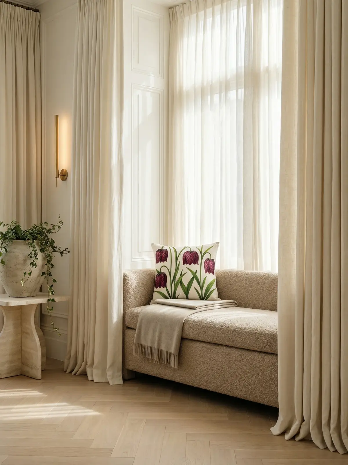 Luxury window seat with cream curtains and Checkered Lily botanical pillow in an editorial living room