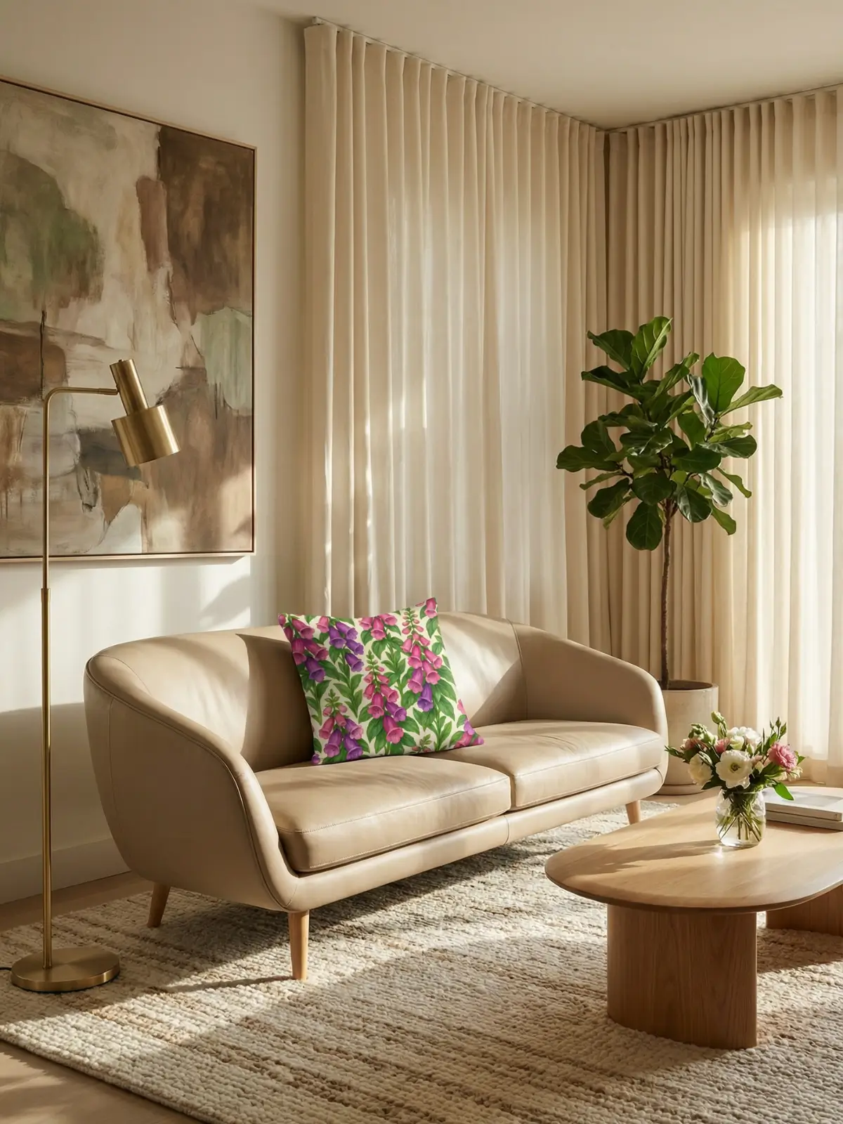 Luxury living room with cream curtains and Foxglove Watercolor Cream Pillow on a curved leather sofa