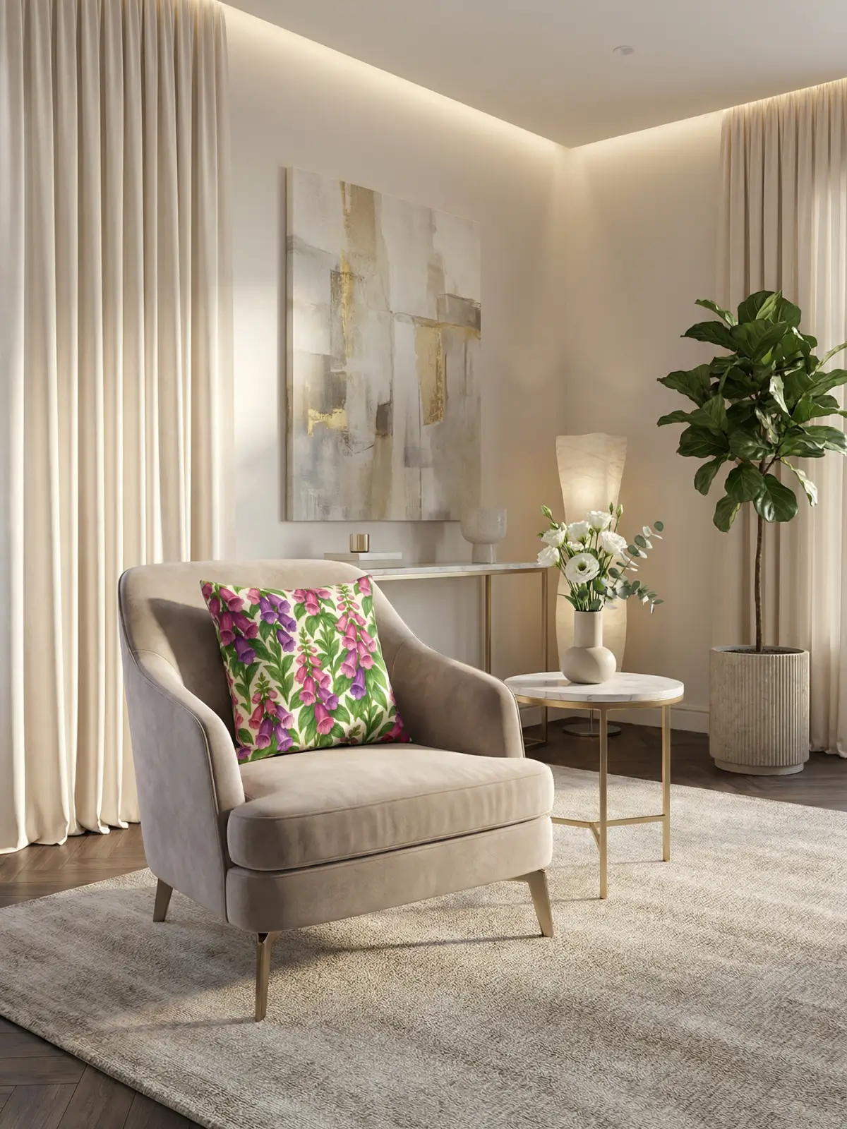 Luxury living room with cream curtains and Foxglove Watercolor Cream Pillow on a velvet armchair