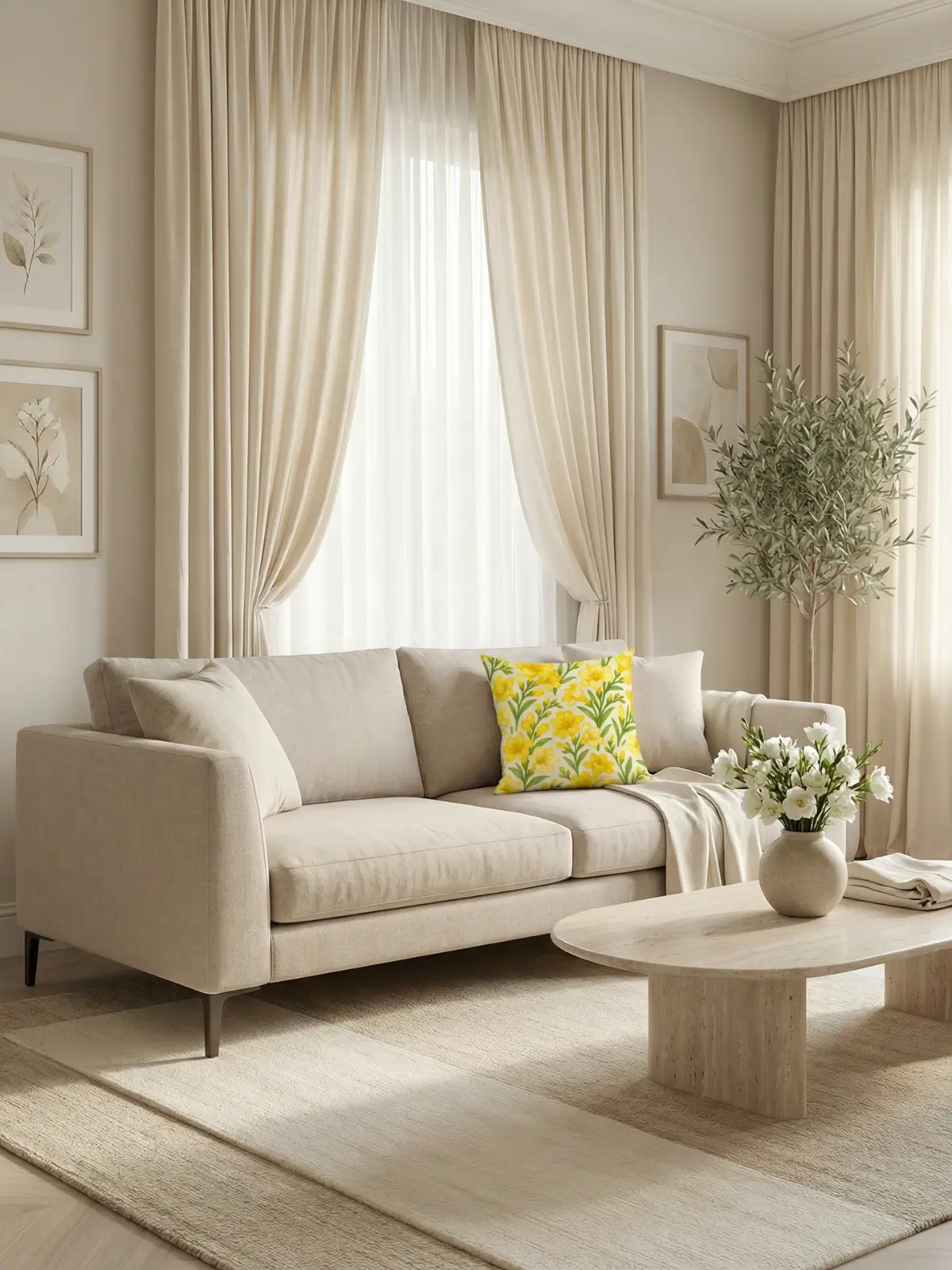 Luxury cream living room with Freesia Watercolor Cream Pillow and soft cream curtains