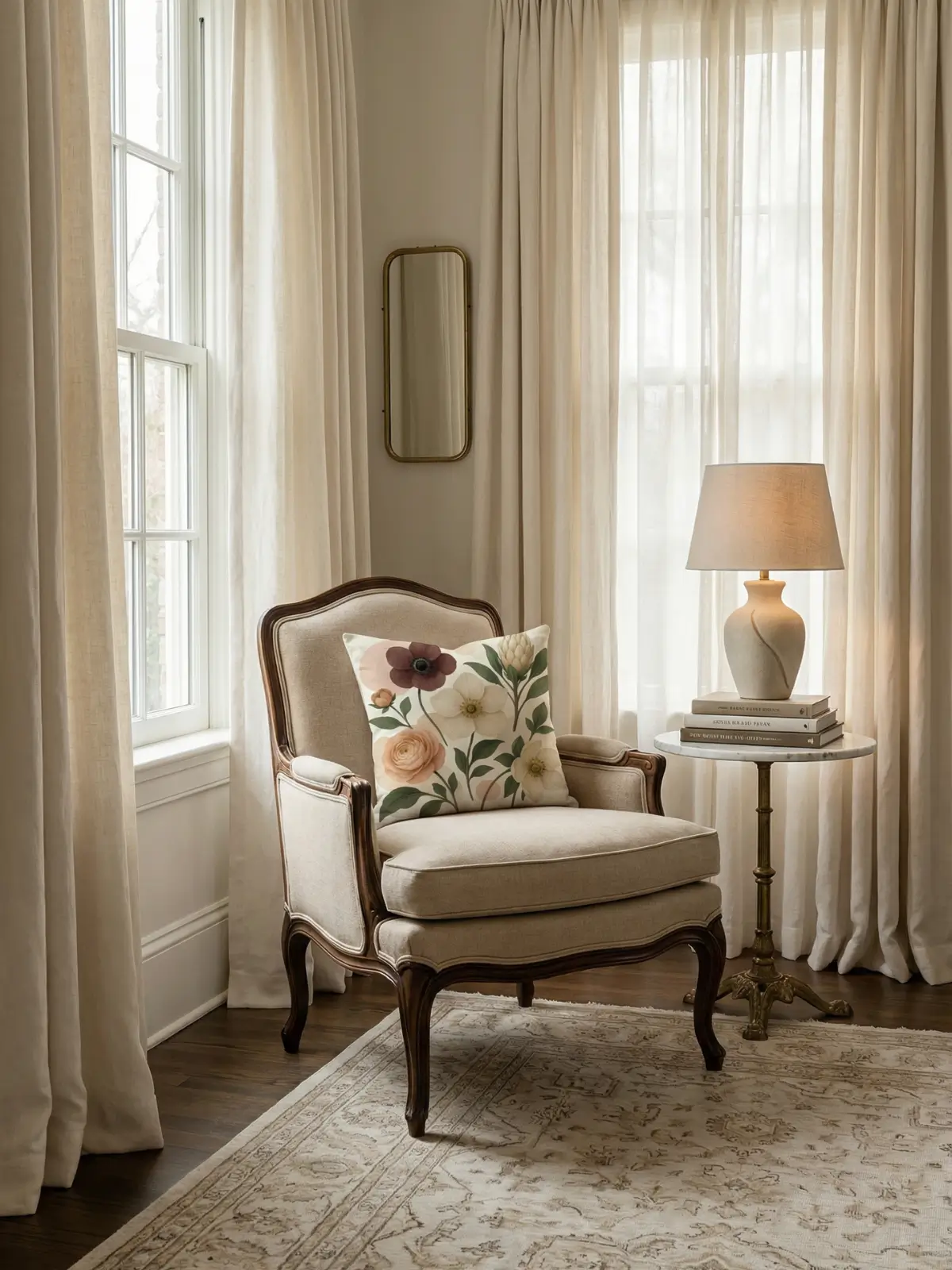 Luxury cream living room with vintage lounge chair and Ranunculus Anemone Protea Vintage Pillow