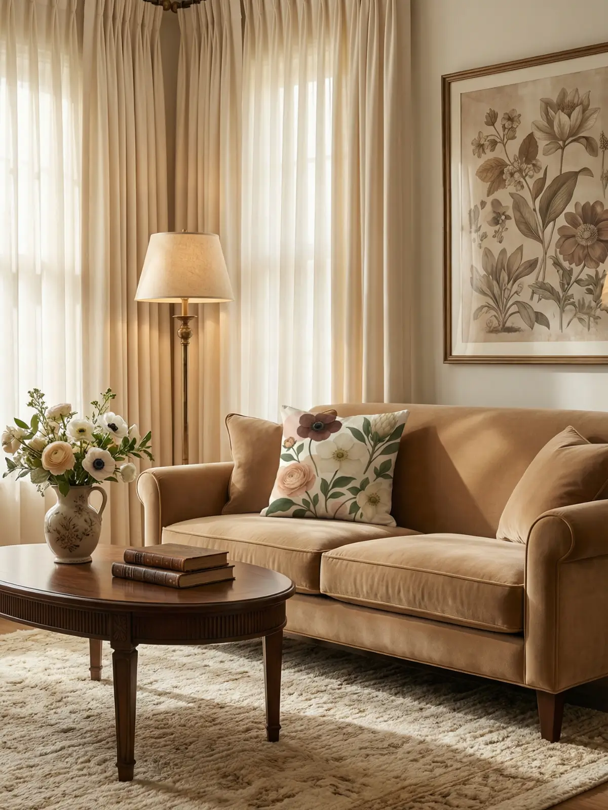 Vintage luxury living room with cream curtains and Ranunculus Anemone Protea Vintage Pillow