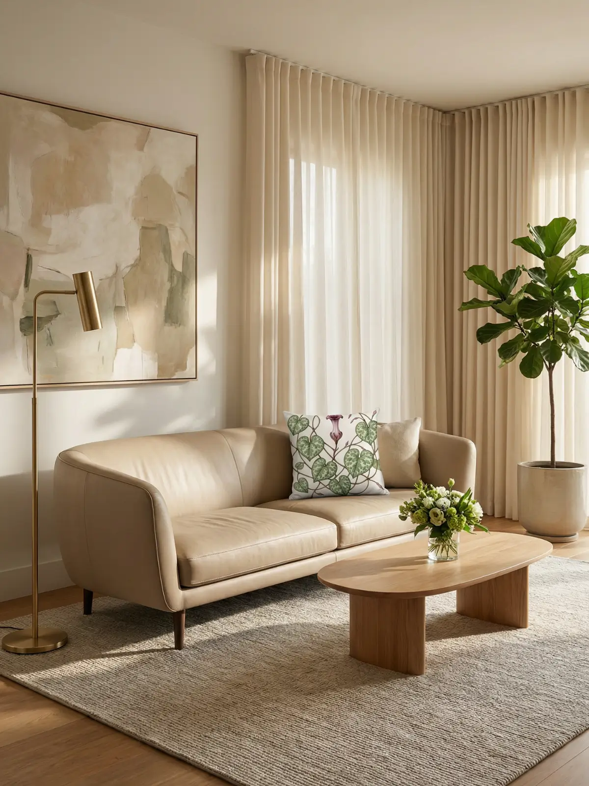 Luxury living room with cream curtains and String of Hearts Botanical Pillow on a curved leather sofa
