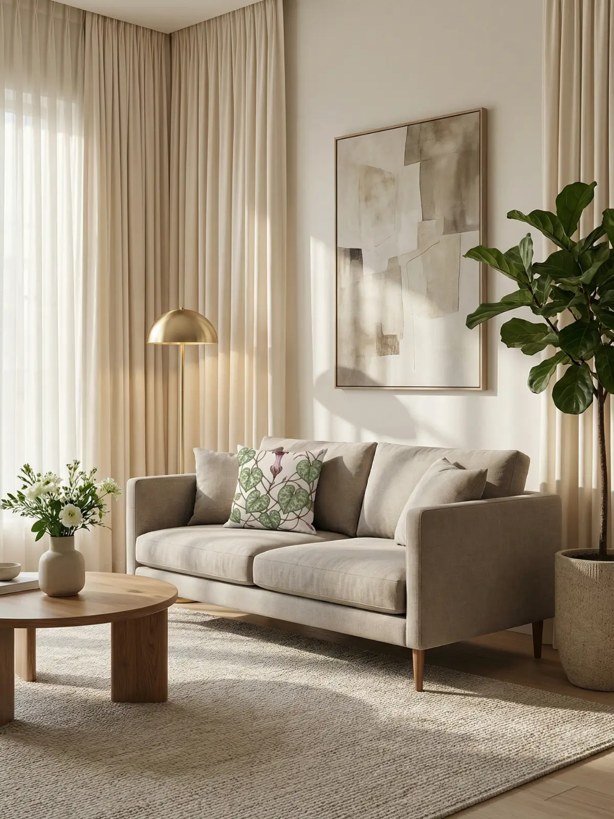 Luxury living room with cream curtains and String of Hearts Botanical Pillow on a modern linen sofa