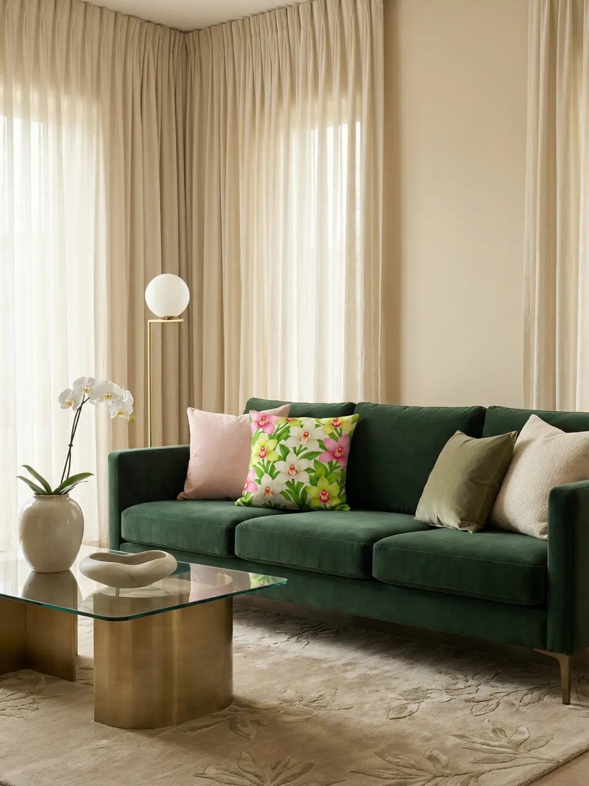 Luxury modern living room with ivory curtains, green velvet sofa, orchid botanical pillows, and warm layered lighting