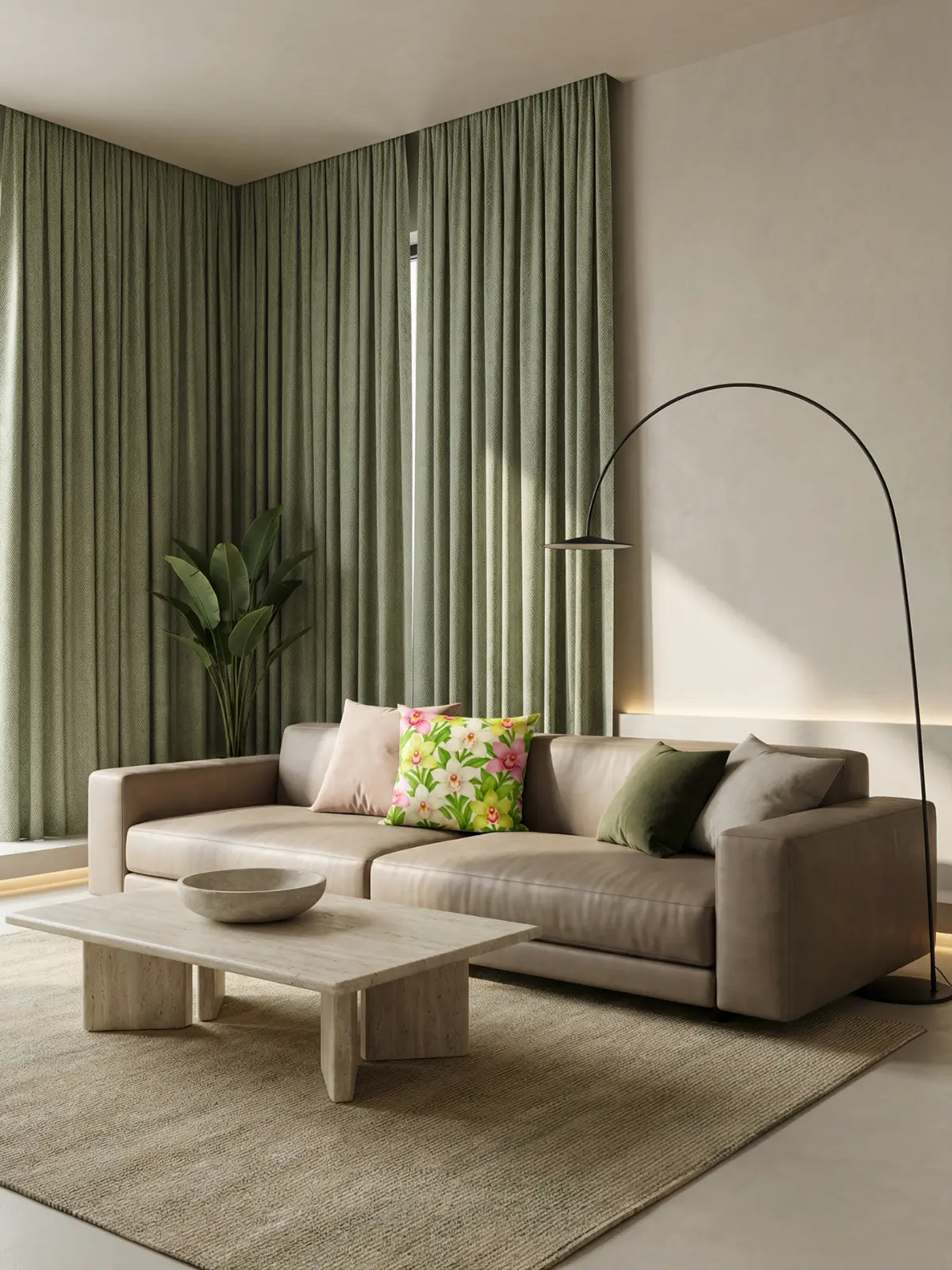 Architectural modern living room with sage green curtains, beige leather sofa, botanical floral pillows, and sculptural lighting